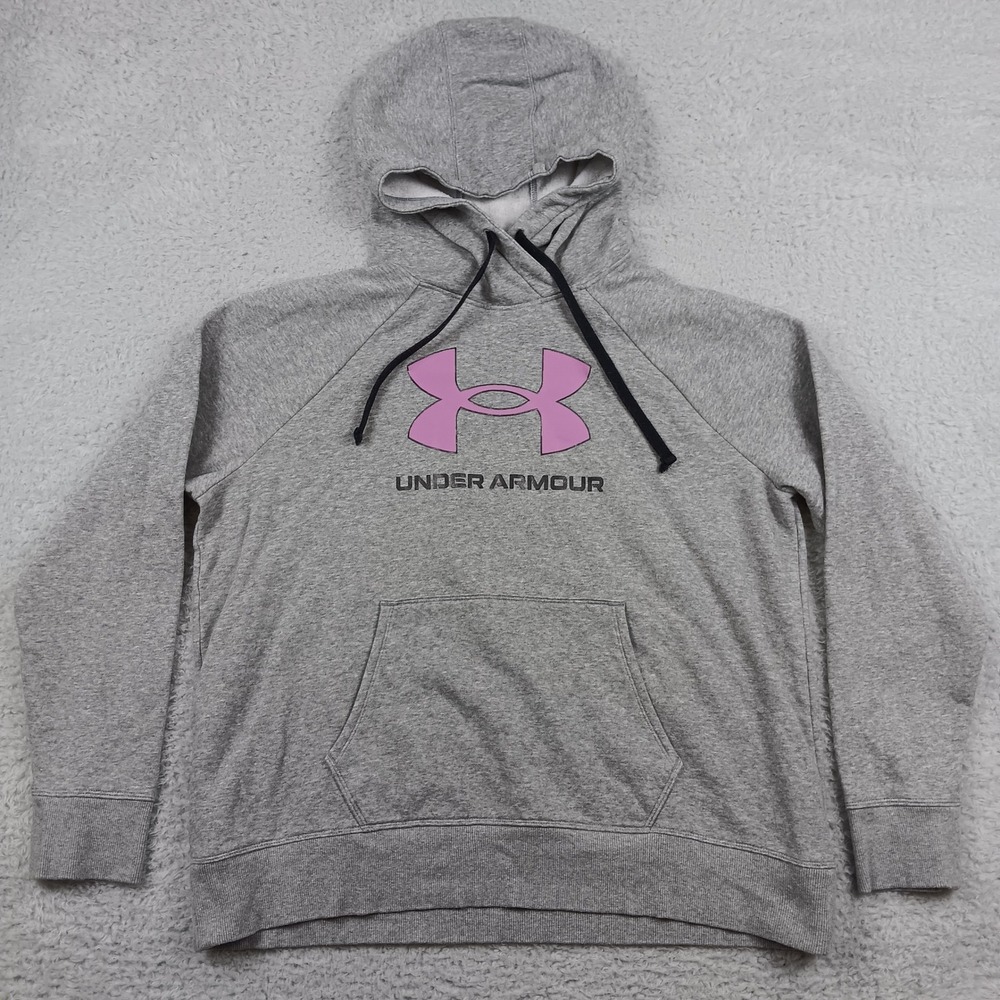Under Armour Hoodie Pullover Women XL Gray Pink Logo Activewear Raglan